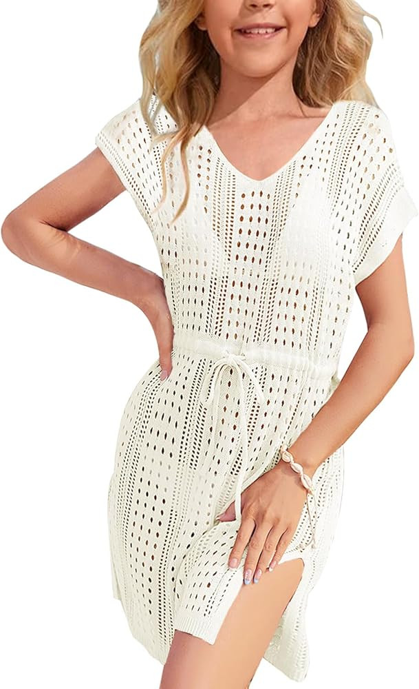Haloumoning Girls Crochet Swim Beach Cover Up Short Sleeve Swimsuits Long Beach Dress 5-14 Years | Amazon (US)