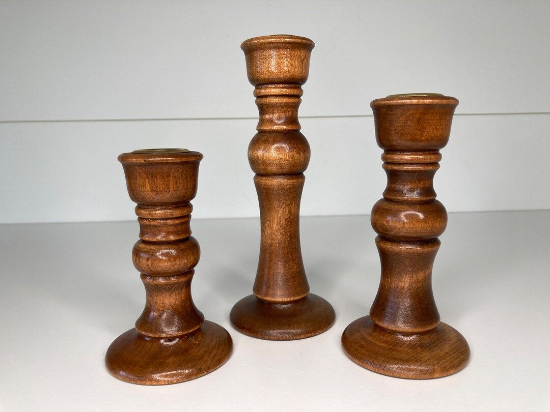 Set of 3 Vintage Wood Candlestick Holders - Etsy | Etsy (US)
