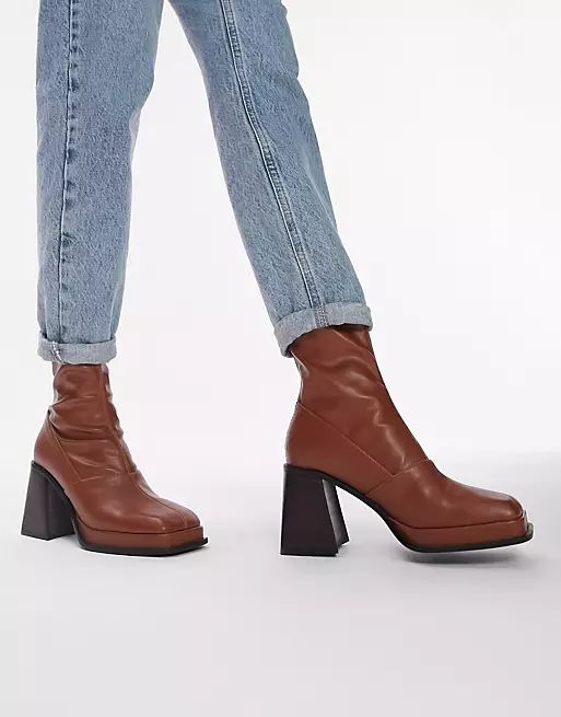 Topshop Maddie block heel sock boot in brown | ASOS (Global)