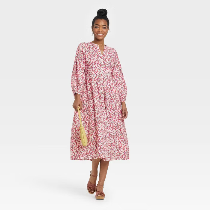 Women's Balloon Long Sleeve Button-Front Dress - Universal Thread™ Pink Floral XXL | Target