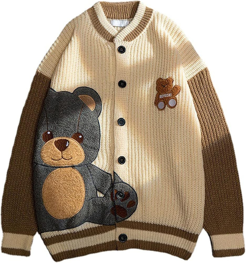 Women Varsity Sweater Button Up Knitted Cardigan Cute Bear Graphic Embroidery Jacket Top | Amazon (US)