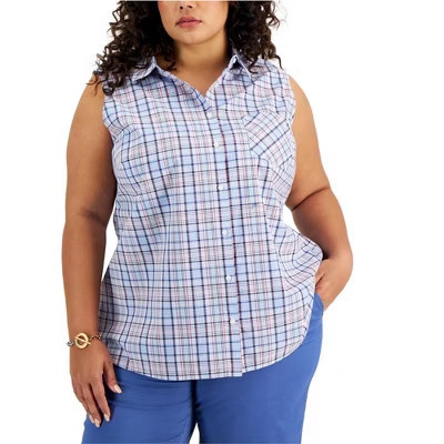 Tommy Hilfiger Womens Plaid Sleeveless Button Up Shirt, blue, 1X | Target