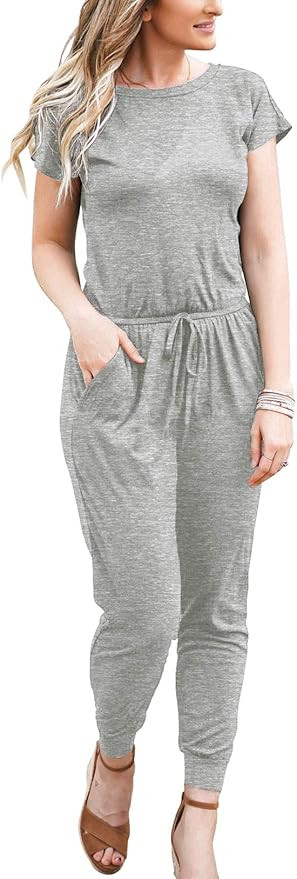 DouBCQ Womens Casual Short Sleeve Jumpsuits Elastic Waist Jumpsuit with Pockets | Amazon (US)