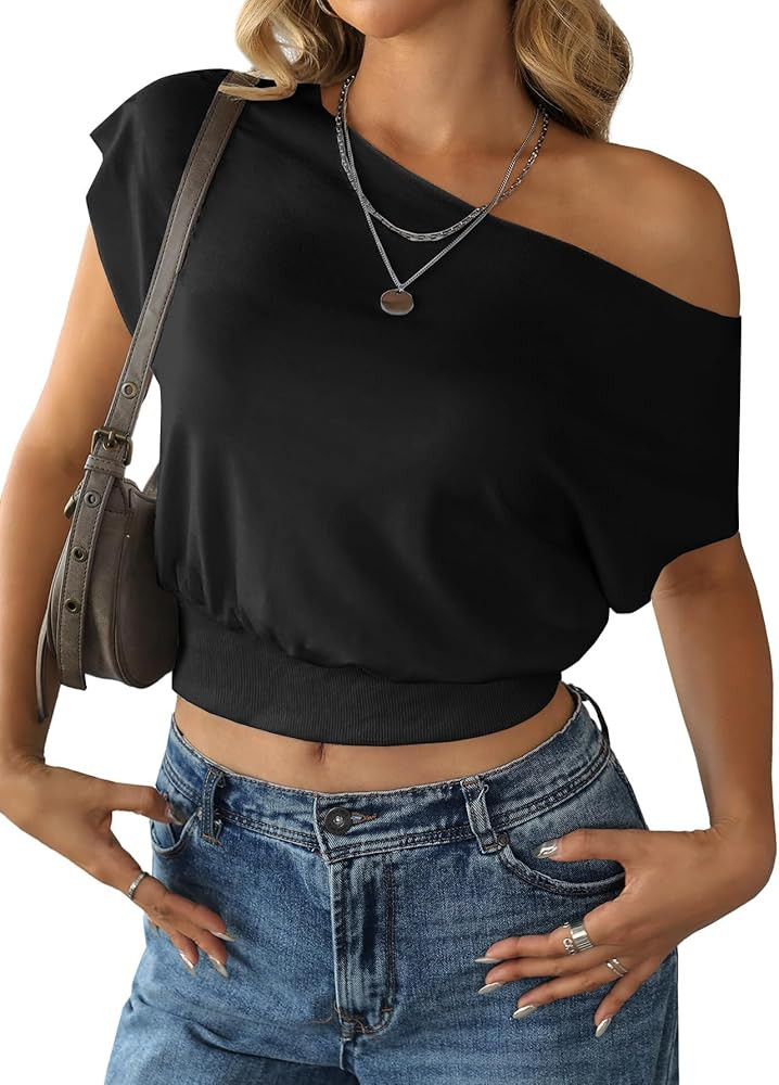SOFIA'S CHOICE Women's Off The Shoulder T Shirt Crop Top Casual Summer Dolman Sleeve Asymmetrical... | Amazon (US)
