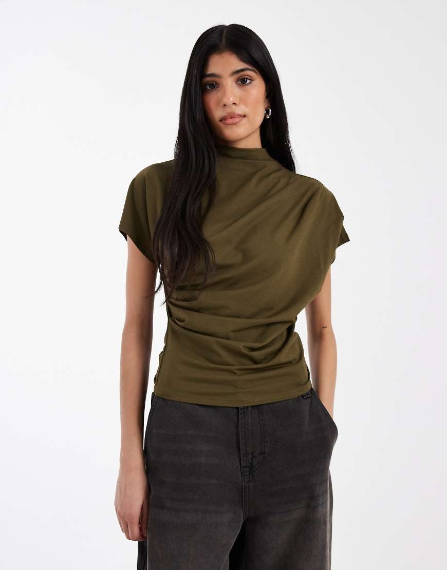 ASOS DESIGN twist shoulder drapey top in dark olive-Neutral | ASOS (Global)