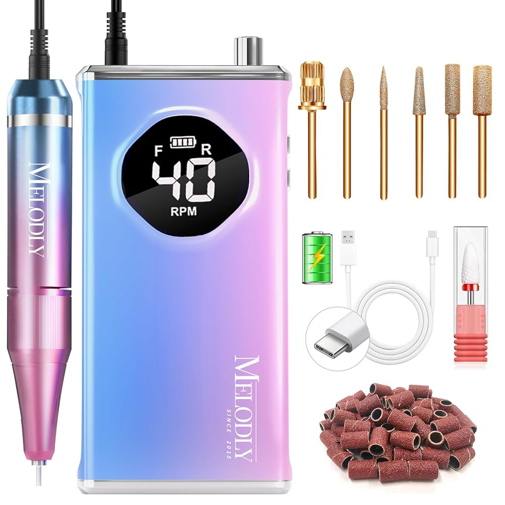 Electric Nail Drill File Professional 40000 RPM, Melodly Rechargeable Electric Nail File Machine Kit for Acrylic Gel Nails Polishing Removing, Portable Cordless Efile with Gold Bits Kit at Salon Home | Amazon (US)