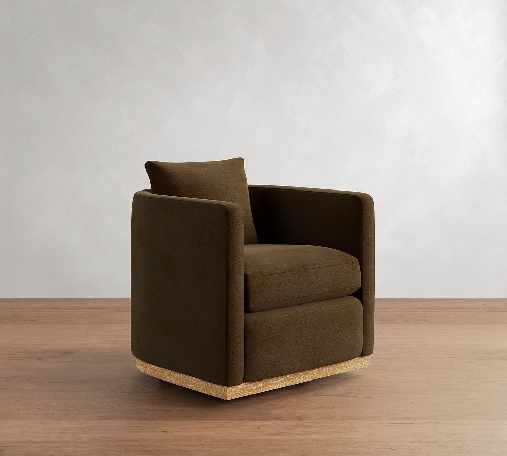 Ayden Upholstered Barrel Swivel Armchair with Wood Base, Polyester Wrapped Cushions, Faux Mohair Velvet Espresso | Pottery Barn (US)