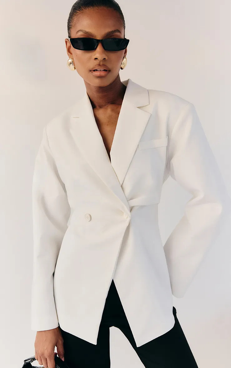 White Linen Look Tailored Cinched Waist Blazer | PrettyLittleThing US