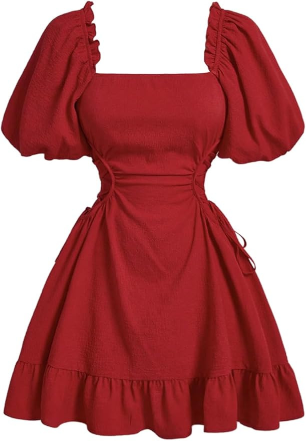 WDIRARA Women's Puff Sleeve Tie Side Ruffle Dress Square Neck Short A Line Dresses | Amazon (US)