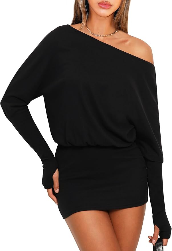 OZICERD Women Off One Shoulder Going Out Mini Dress Loose Batwing Long Sleeve Hip Wrap Bodycon Ca... | Amazon (US)