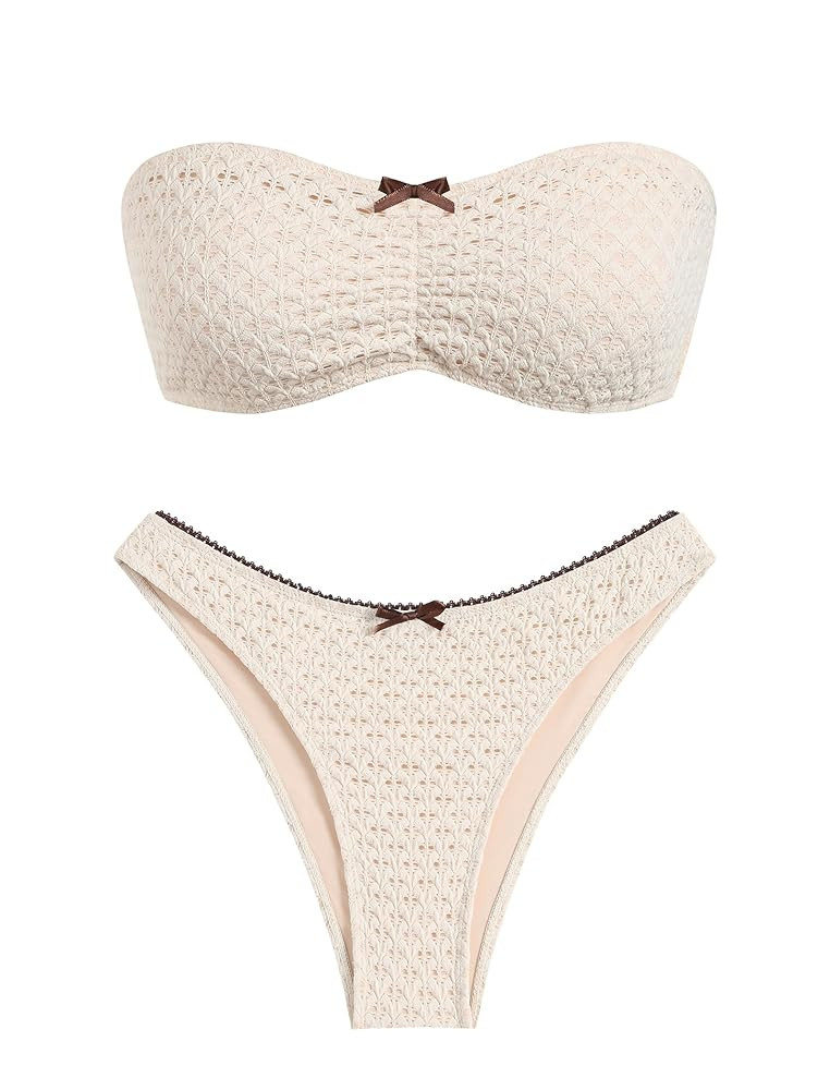 ZAFUL Women's Strapless Bikini Openwork Textured Bow Ruched Lace Up High Cut Bandeau Swimsuit Bat... | Amazon (US)