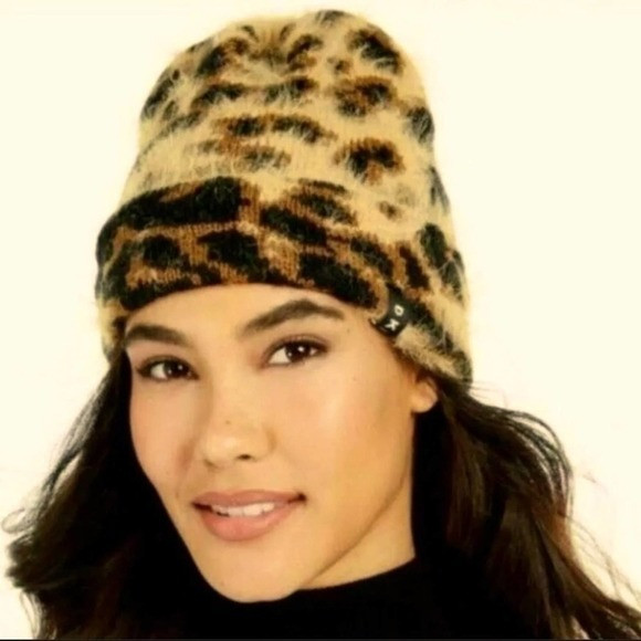 DKNY Fuzzy Leopard Animal Print Beanie Brown Black | Poshmark