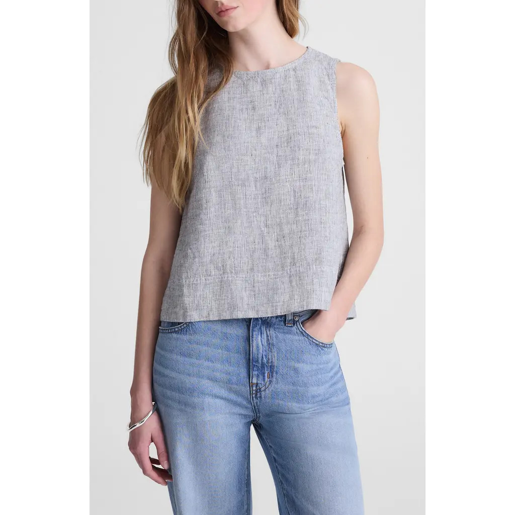 Madewell Pleated Linen Shell Top in Black White Mini Stripe at Nordstrom, Size X-Large | Nordstrom