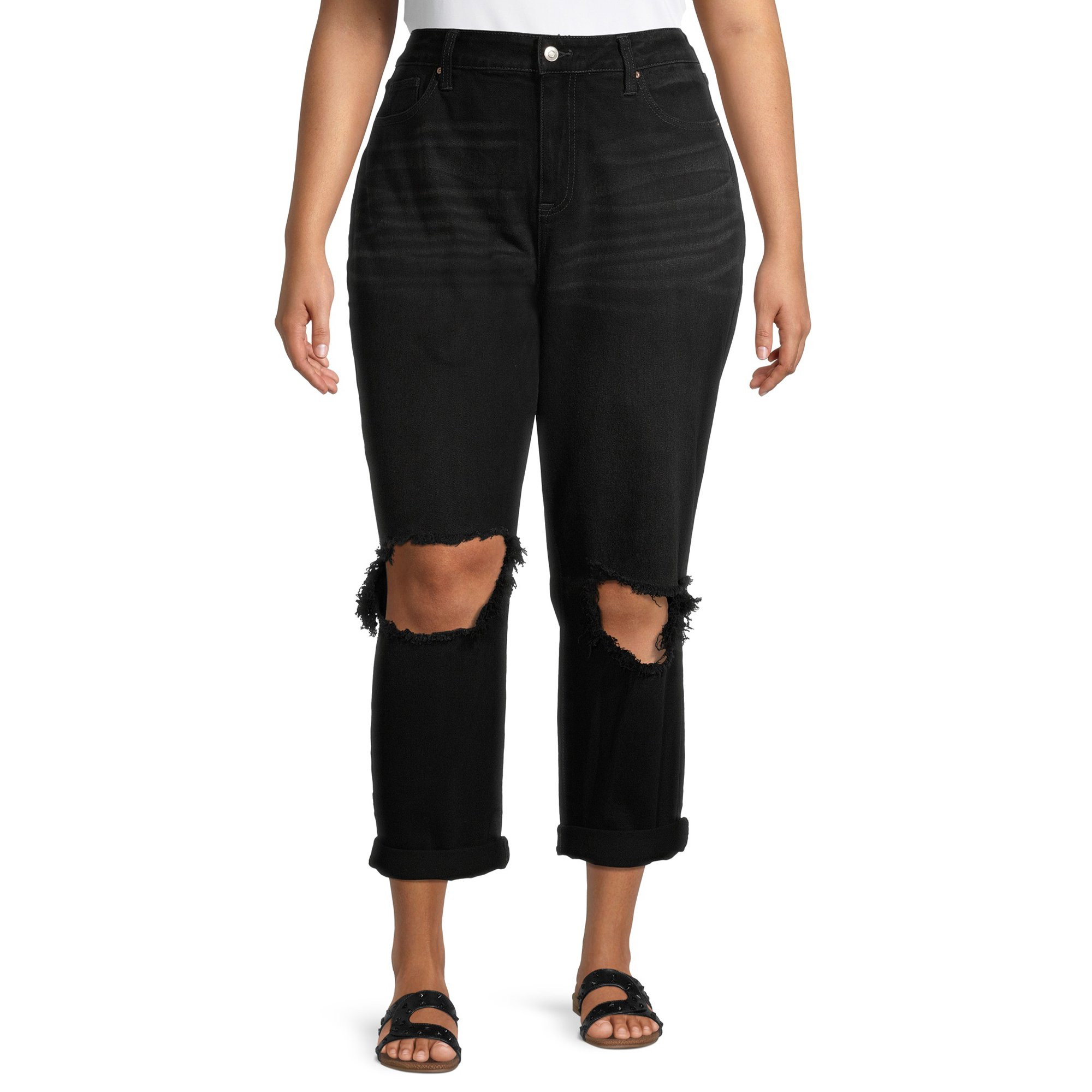 No Boundaries Juniors' Plus Size High-Rise Destructed Mom Jeans | Walmart (US)