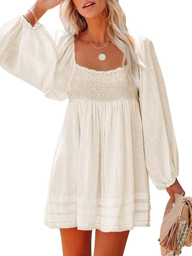 Odsufo Women's Dresses Long Lantern Sleeve Mini Dress Lace Square Neck Smocked Elastic Back | Amazon (US)