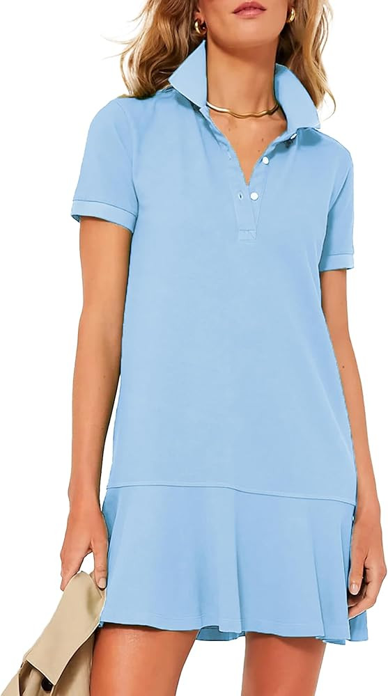 Ladyful Women's Baggy Short Sleeve Polo Dress Button Down Mini Dress Ruffle Flowy Summer Athletic... | Amazon (US)