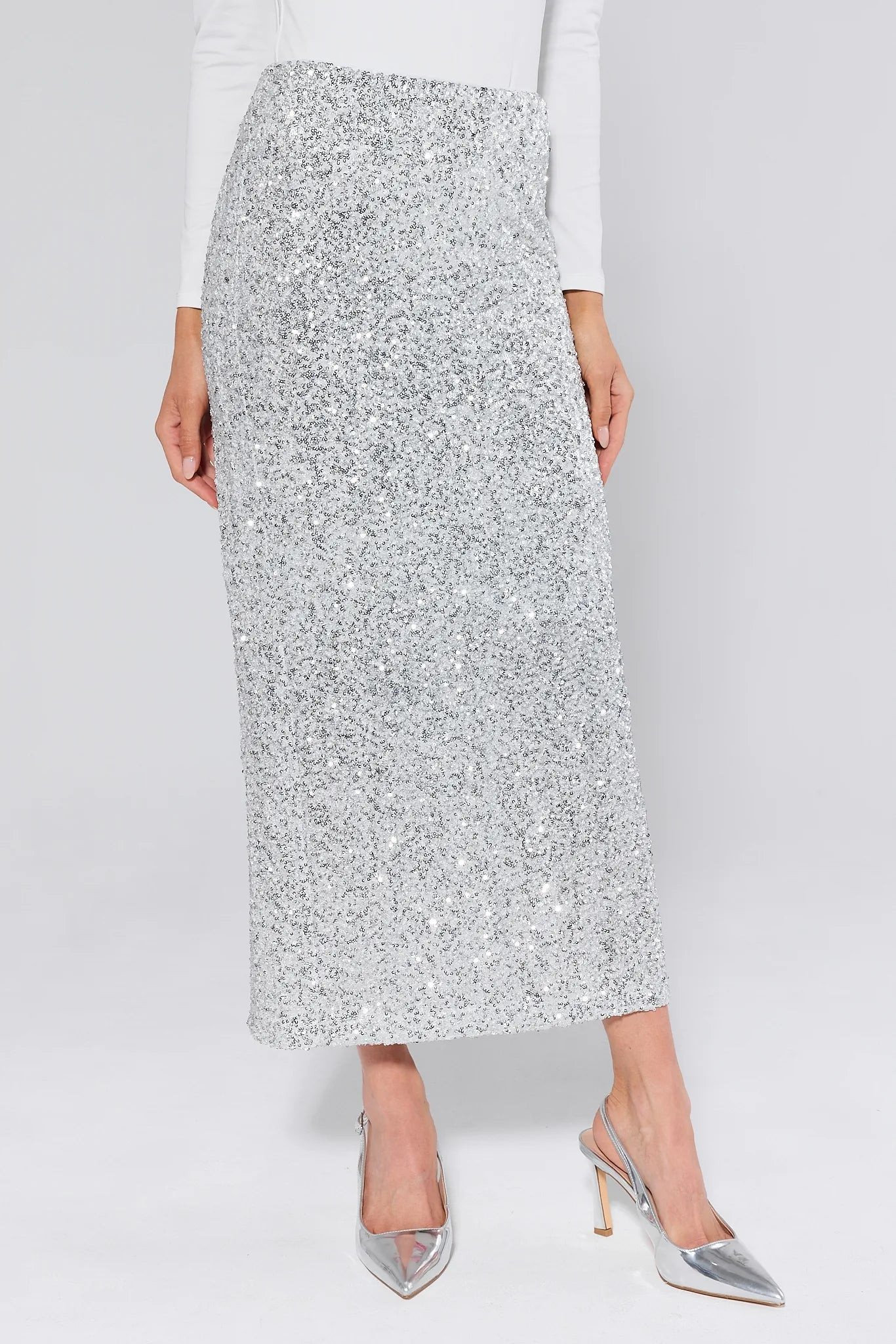 Stella Silver Sequin Midi Skirt | Avara