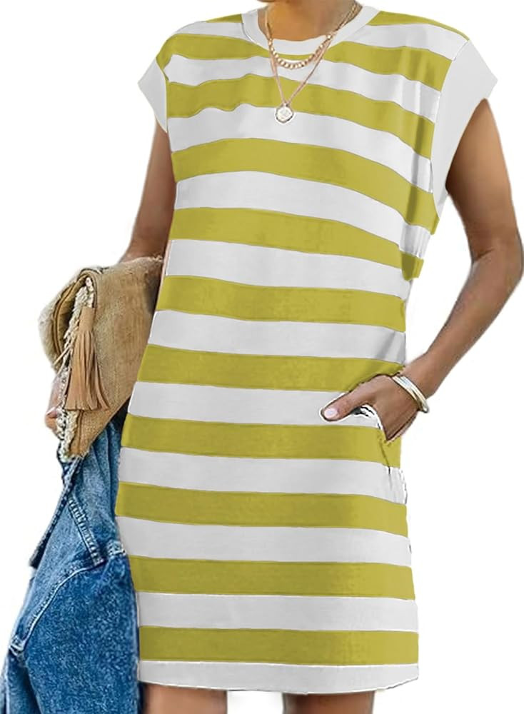 AlvaQ Womens Striped Summer Dresses 2025 Crewneck Cap Sleeve Color Block Casual A Line Tshirt Dre... | Amazon (US)