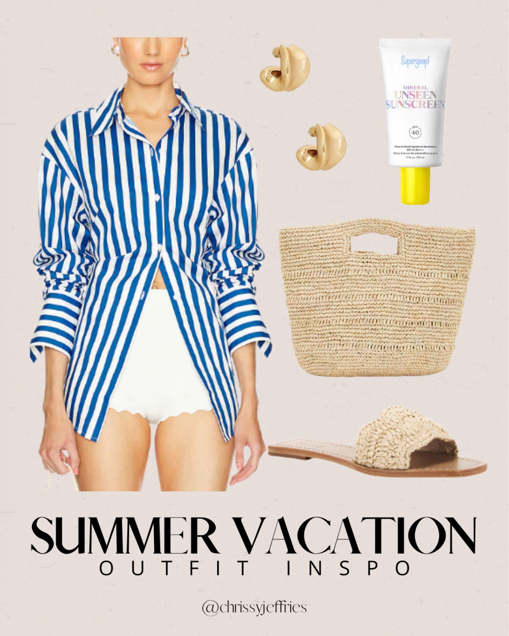 Elevate your summer vacation style with this beach-ready outfit! Featuring a bold striped shirt, comfy sandals, and a chic straw bag, this look is perfect for a day by the sea. Pair with gold hoop earrings and don’t forget your sunscreen to stay protected under the sun. Effortless, stylish, and practical for any summer adventure! 

#SummerVacation #BeachDayOutfit #ChicStyle #VacationReady #SummerFashion

#LTKsummer #LTKtravel