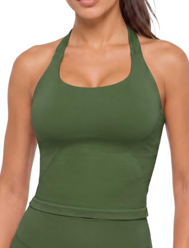 FITTOO Women Workout Halter Tank Tops with Built-in Bras Green XL | Amazon (US)