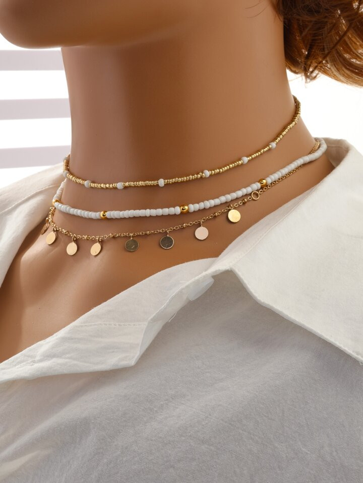 3pcs Metal Texture Faux Pearl Beaded & Circular Charm Pendant Necklace Set | SHEIN