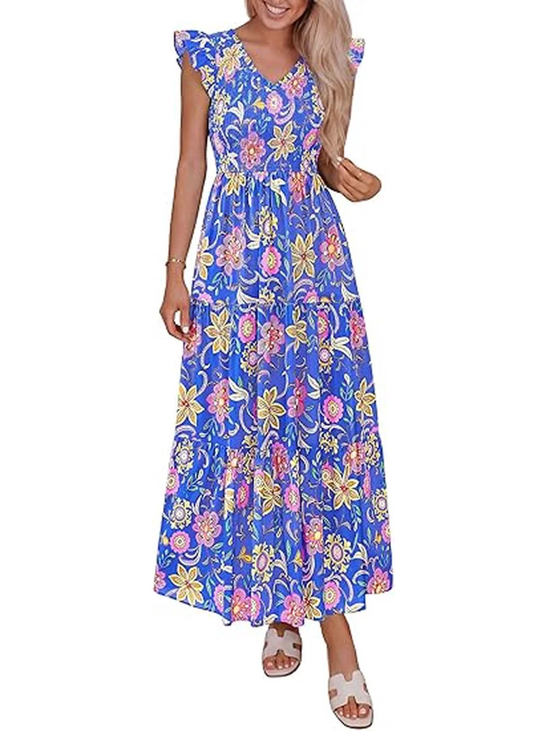 PRETTYGARDEN Women's Boho Floral Maxi Dress Summer Smocked V Neck Ruffle Sleeve Spring Flowy Beac... | Walmart (US)
