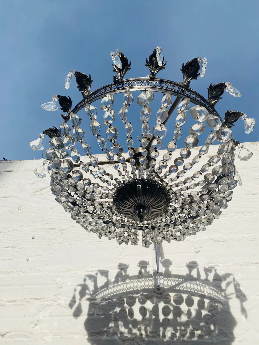 20" W X 12" L Antique Crystal Chandelier Bowl, Semi Flush, Silver, Brass, Filigree, Acanthus Leaf... | Etsy (US)