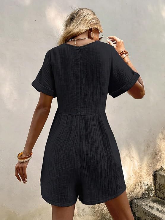 Verdusa Women's Linen Textured V Neck Jumpsuit Short Sleeve Loose Shorts Rompers | Amazon (US)