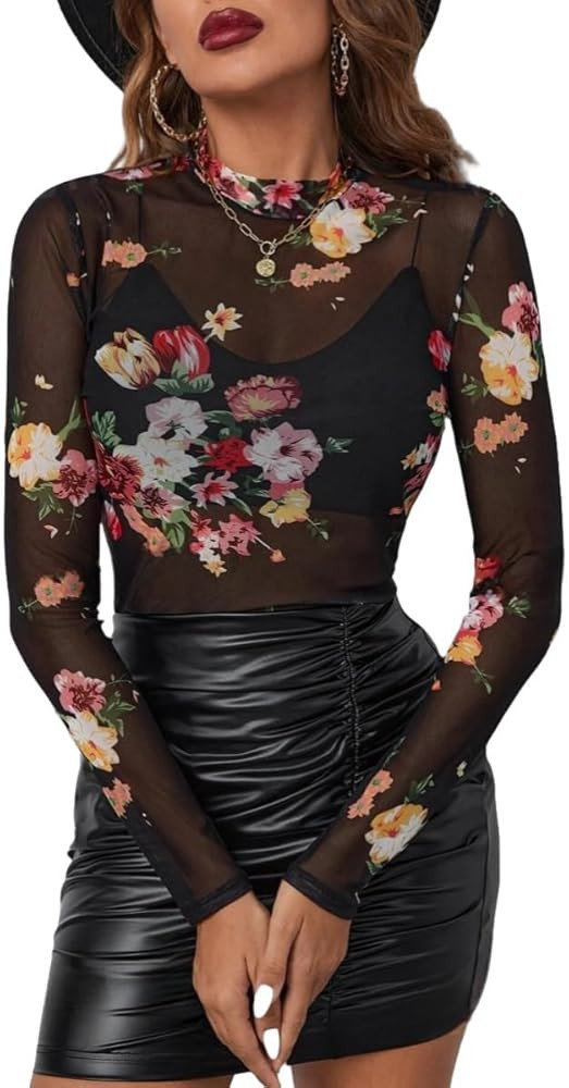 Lace Long Sleeve Tops for Women Floral Mesh Tops Mock Neck Sheer See Through Shirts Going Out for... | Amazon (US)
