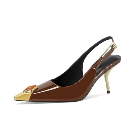 ZJGZF Brown Women Slingback Sandals Stiletto Pumps Metal Kitten Heels Pointed Closed Toe Heeled Sandals Fashion Party Wedding Shoes with Crystals | Amazon (US)