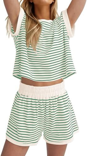 Burtell Women Summer 2 Piece Lounge Sets Striped Short Sleeve Tee Shirts Mini Shorts Loungewear S... | Amazon (US)