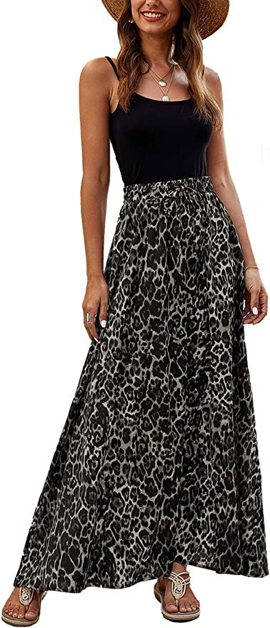 Bluetime Women Leopard Print Long Skirts Chiffon Summer Beach Pleated Elastic High Waisted Maxi S... | Amazon (US)