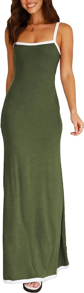 Summer Knit Maxi Dress Sleeveless Contrasting Edges Elasticated Straps Long A-Line Bodycon Slim D... | Amazon (US)