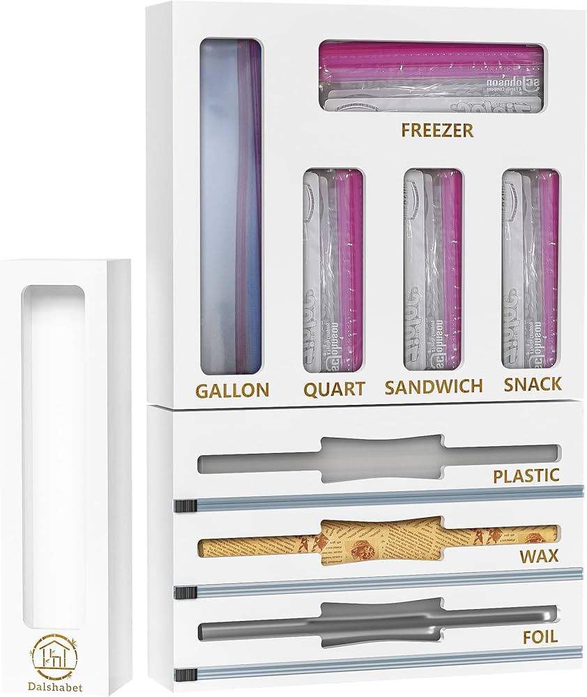 DALSHABET 9 IN1 Bamboo Storage Bag Drawer Organizer with Cutter, Foil and Plastic Wrap Dispenser ... | Amazon (US)