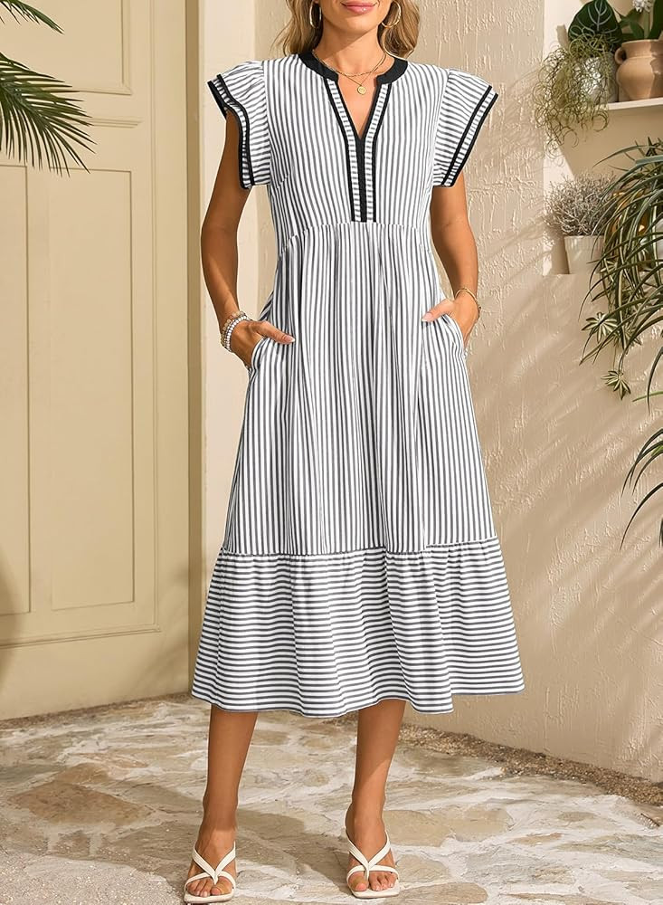 Dokotoo Womens Dresses 2026 Summer V-Neck Ruffle Cap Sleeve Empire Waist Flowy Striped Beach Midi... | Amazon (US)
