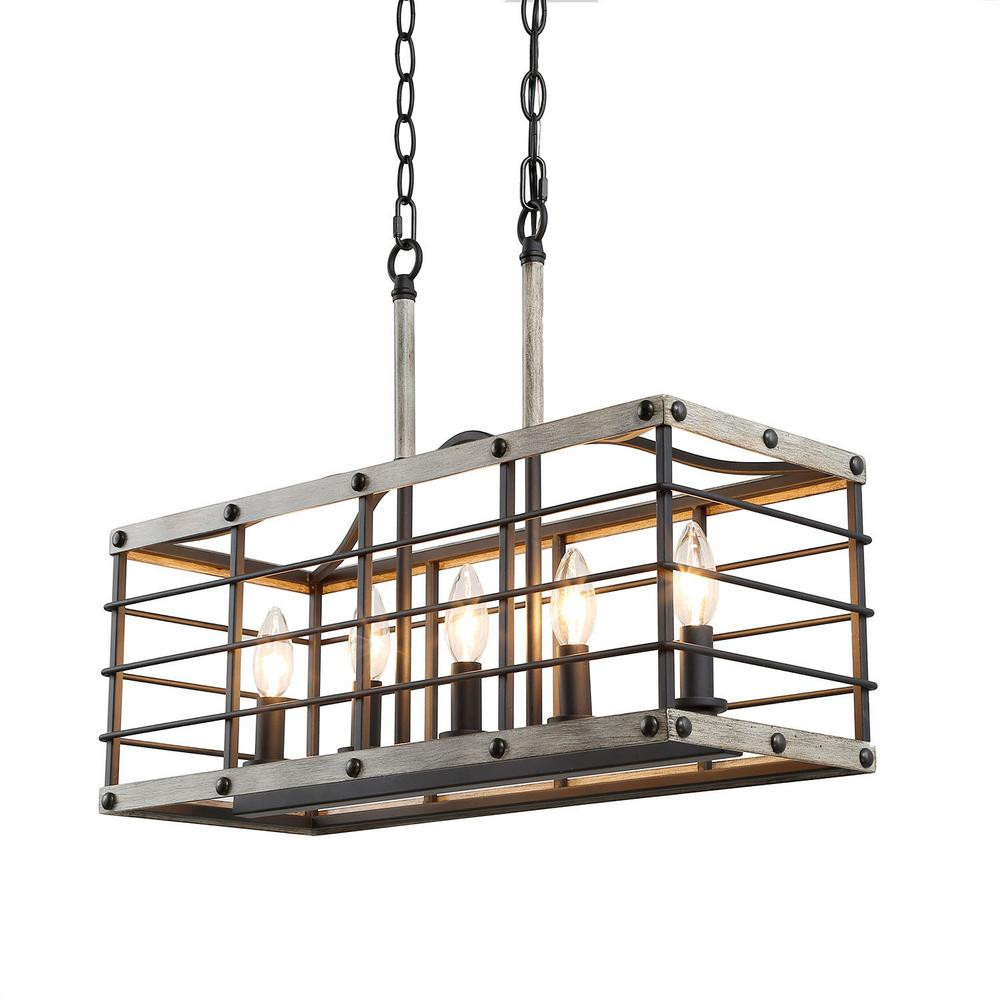 LNC Arkari 22 in. 5-Light Black Kitchen Island Chandelier with Painted Pine Accents | The Home Depot