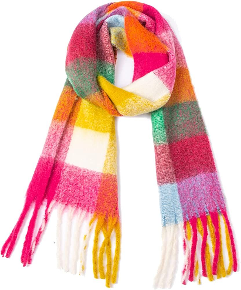 Large Chunky Plaid Scarf Cashmere Coloured Checked Oversized Scarf Tassel Soft Fall Winter Thick War | Amazon (US)