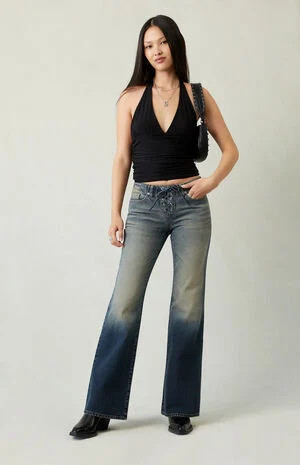 Pacsun Jade Low Rise Bootcut Jeans Lace-Up Dark Blue | PacSun