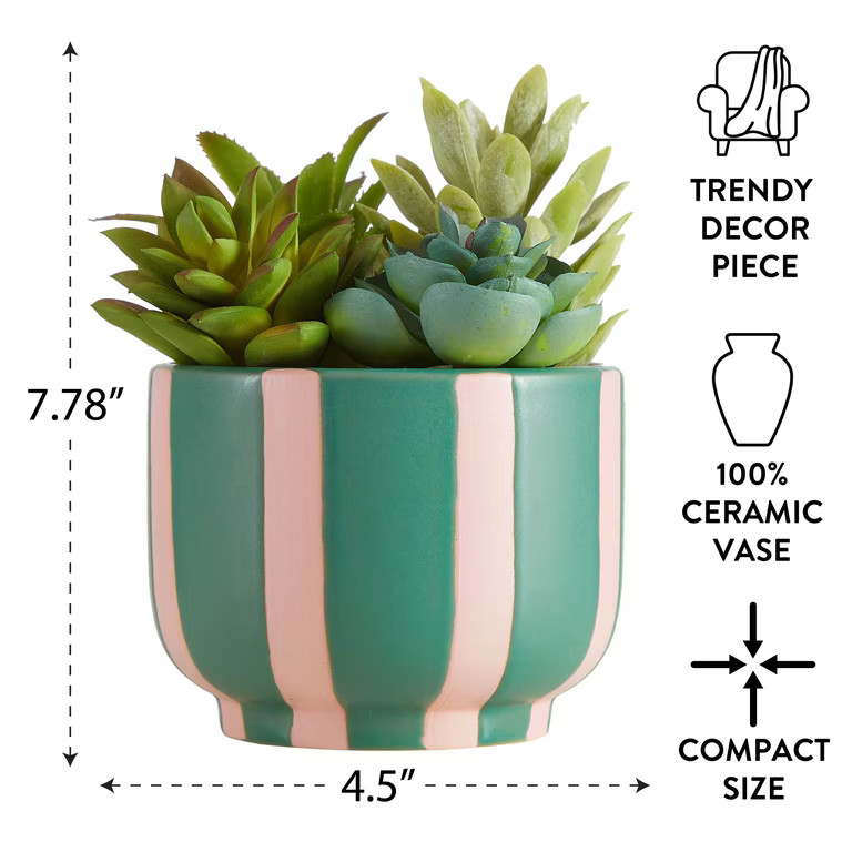 Mainstays Green and Pink Striped Ceramic Jar with Faux Succulent | Walmart (US)