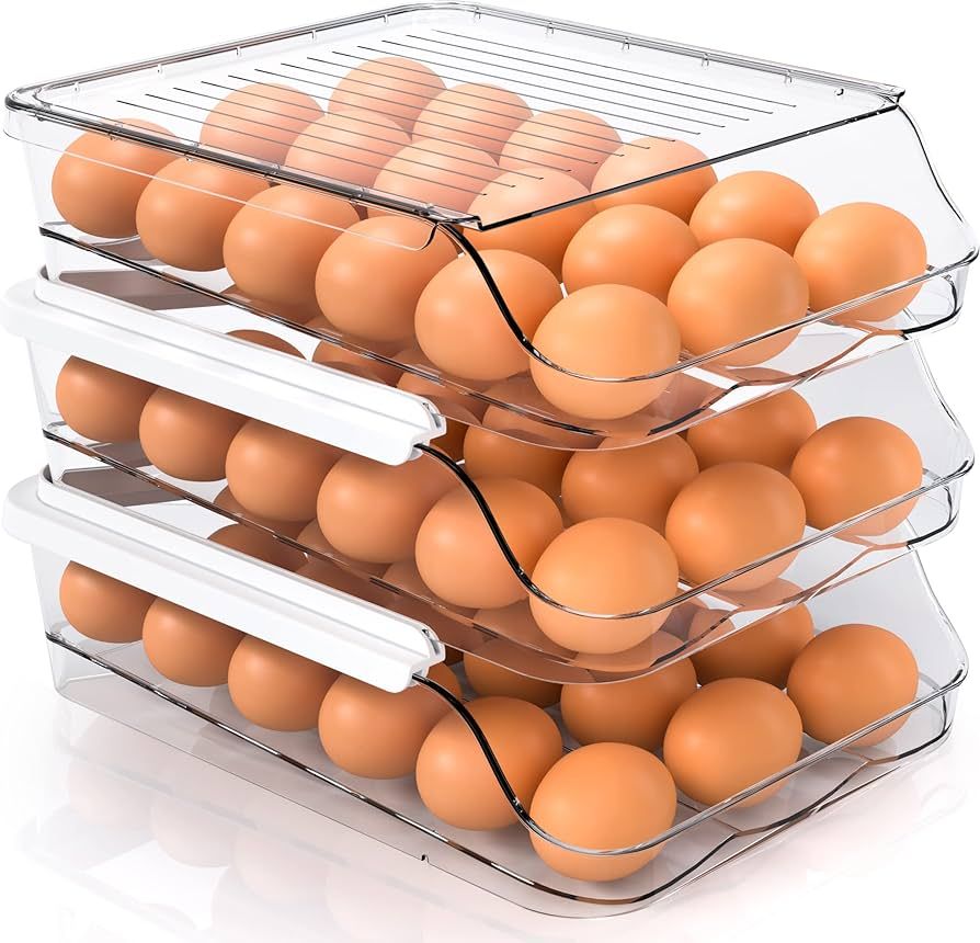 Utopia Kitchen Rolling Egg Container for Refrigerator with Lid - Pack of 3 Stackable Plastic Egg Hol | Amazon (US)