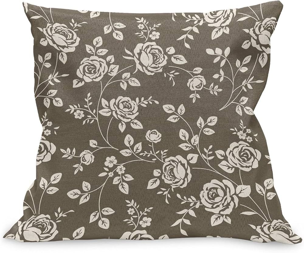 Lunarable Rose Throw Pillow Cushion Case, Silhouette Pattern of Rose Branches Twig Ornamental Old... | Amazon (US)