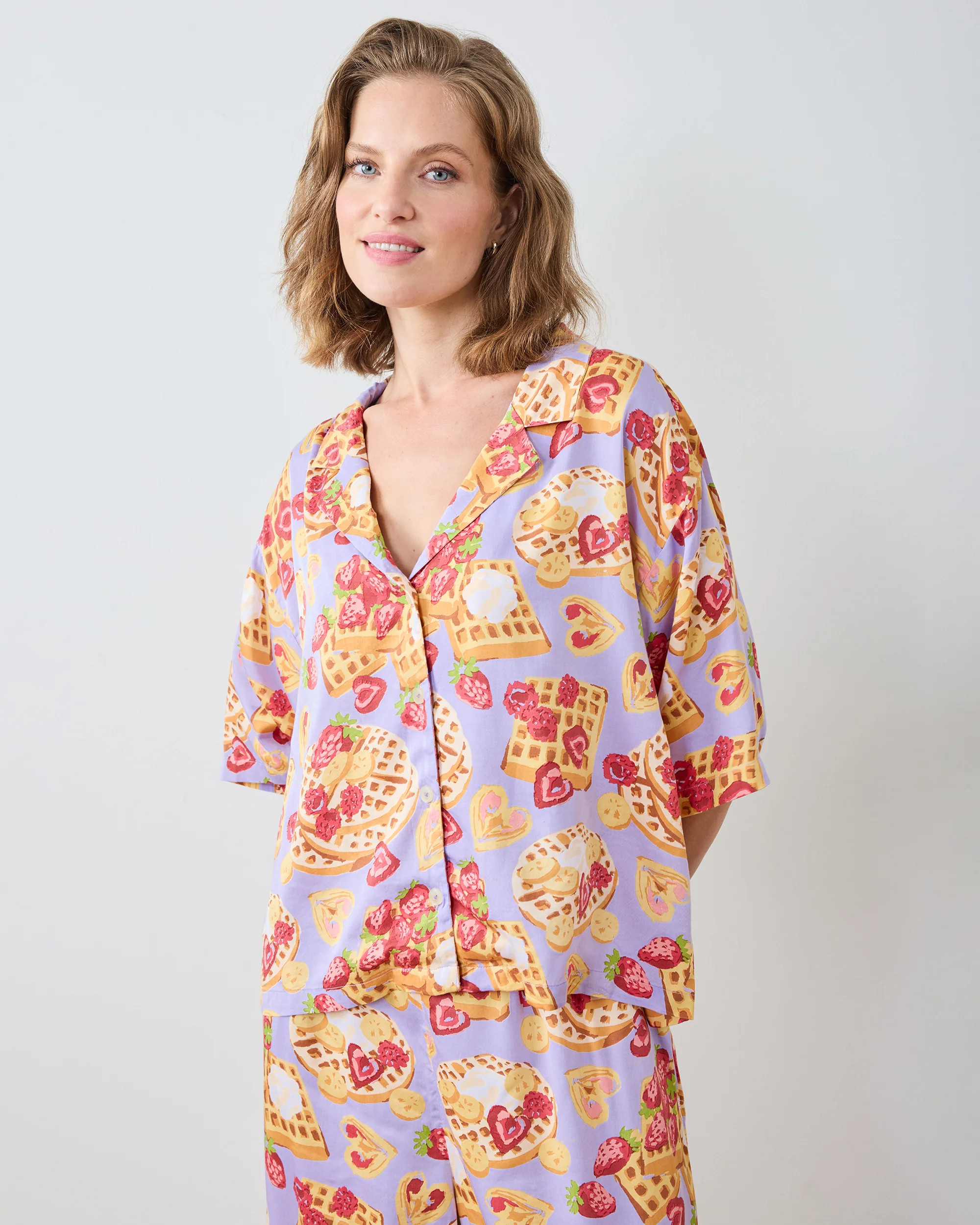 Eco Silky Short Sleeve and Pants Pajama Set in Waffles in Bed | Women's Petite L/P | | Sleepwear | Printfresh