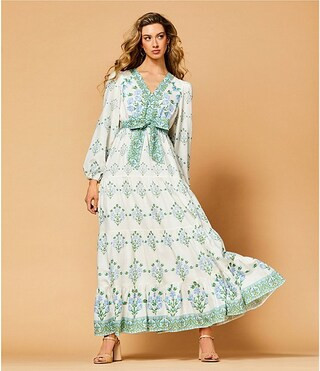 A Loves A Woven Floral Print Deep V-Neck Long Bubble Sleeve Tiered A-Line Flounce Maxi Dress | Di... | Dillard's