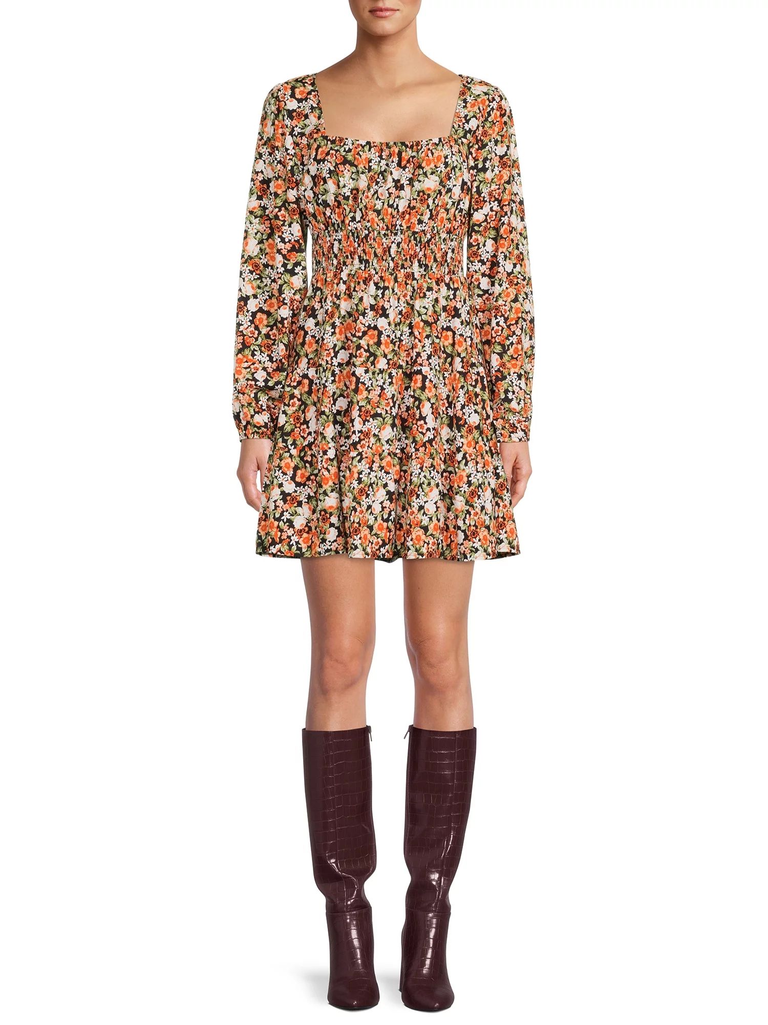Liv & Lottie Juniors' Ditsy Floral Smocked Tiered Long Sleeve Dress - Walmart.com | Walmart (US)