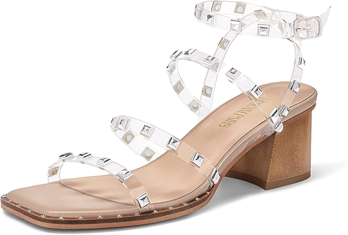 DREAM PAIRS Clear Studded Rhinestone Heels for Women Sexy Chunky Block Square Toe Heels Wedding S... | Amazon (US)