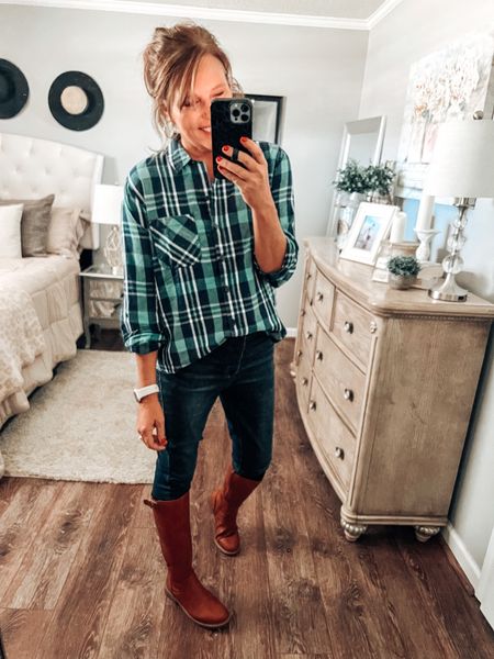 Isn’t this plaid button down shirt from @walmart the cutest!! #walmartpartner This shirt can be worn down or roll sleeves up with button roll tabs, fits tts, comes in more colors, patterns, and solid colors. Styled with Time and Tru skinny jeans and tall riding boots, both fits tts more color options. 

#walmartfashion #walmart #walmartfinds #walmart 
Fall outfits, fall shirts, weekend outfit, boots, plaid shirt, jeans, casual outfit, fashion over 40

#LTKstyletip #LTKunder50 #LTKsalealert