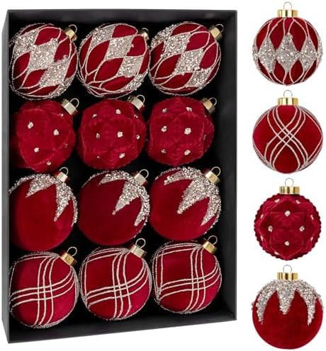 Nervure 12PCS Burgundy Velvet Christmas Ornaments - Red Christmas Balls - 80mm Glitter Tree Decor... | Amazon (US)