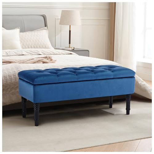 FOREDO 40" Velvet Storage Ottoman Bench, Upholstered Storage Bench, Modern End of Bed Storage Bench with Button Tufted for Bedroom, Entryway, Living Room, Blue | Amazon (US)