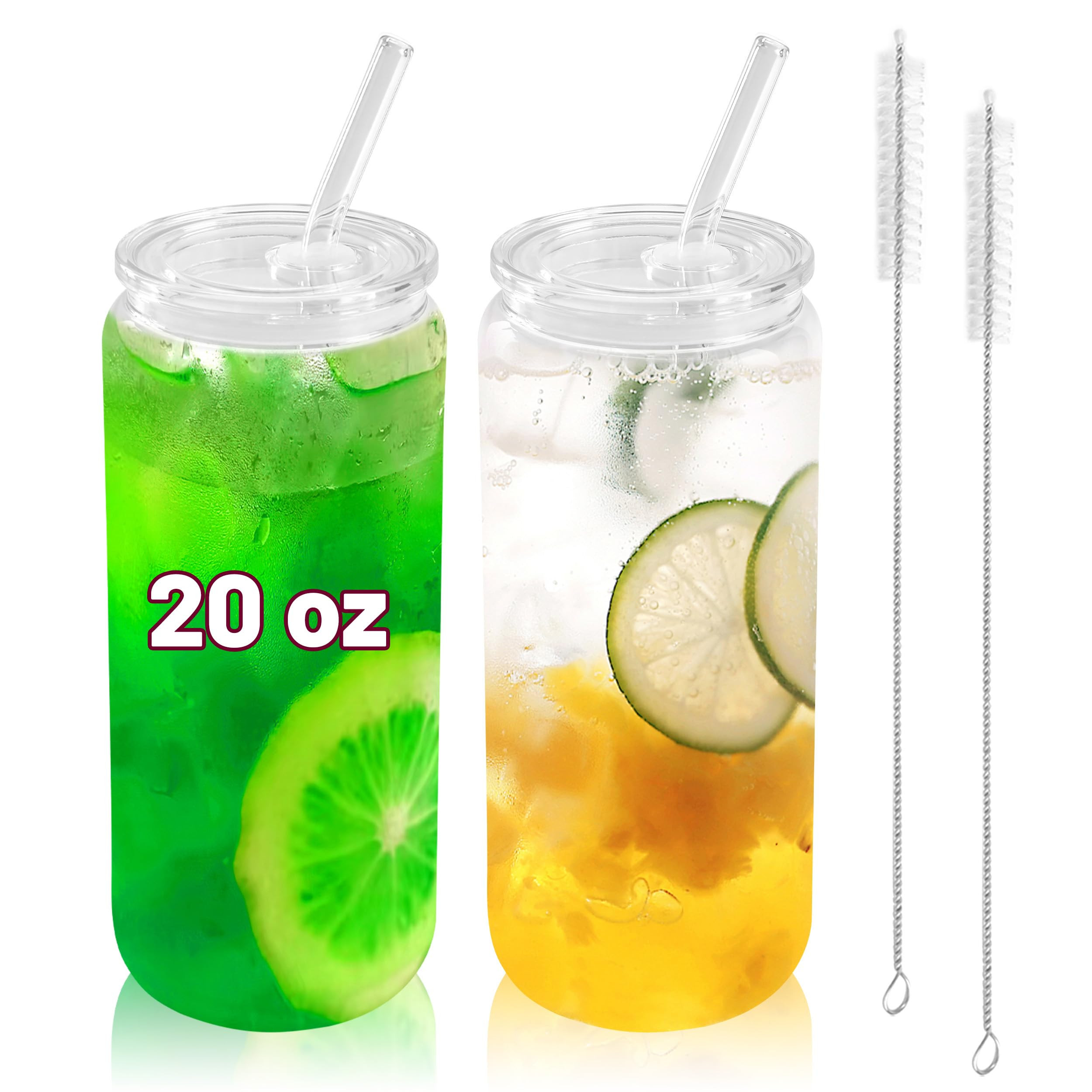 Joyclub 20 oz Glass Cups with Acrylic Lids and Straws 2pcs Can Shaped Glass Iced Coffee Cups with... | Amazon (US)