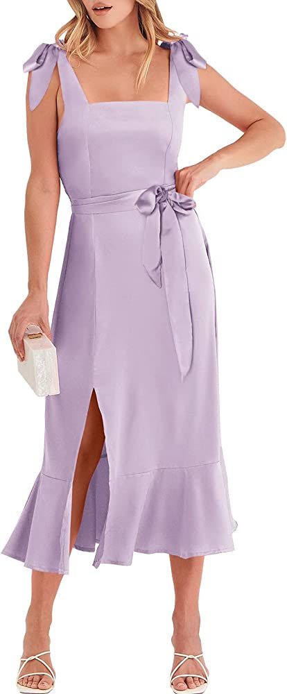 ANRABESS Women's Satin Formal Dress Square Neck Ruffle Split Midi Bridesmaid Dress for Wedding Gu... | Amazon (US)